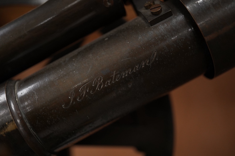 A mid 19th century Elliott Bros., London theodolite and teak tripod, with owner’s engraved name for John Frederick Bateman, the theodolite has been mounted on a later base for display.